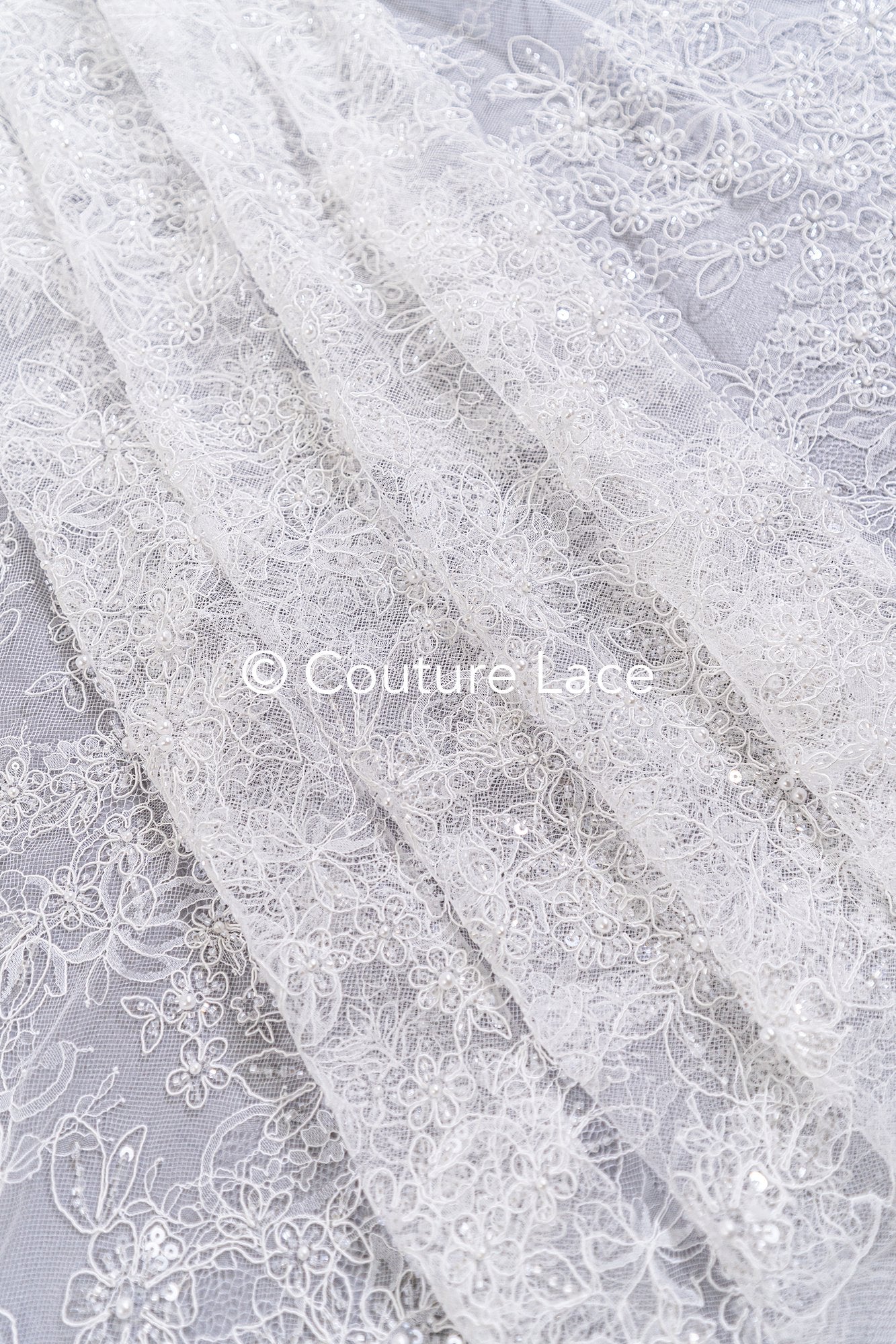 Pearl-embroidered bridal lace on fine French lace / High-quality pearl bridal lace // L26-006B