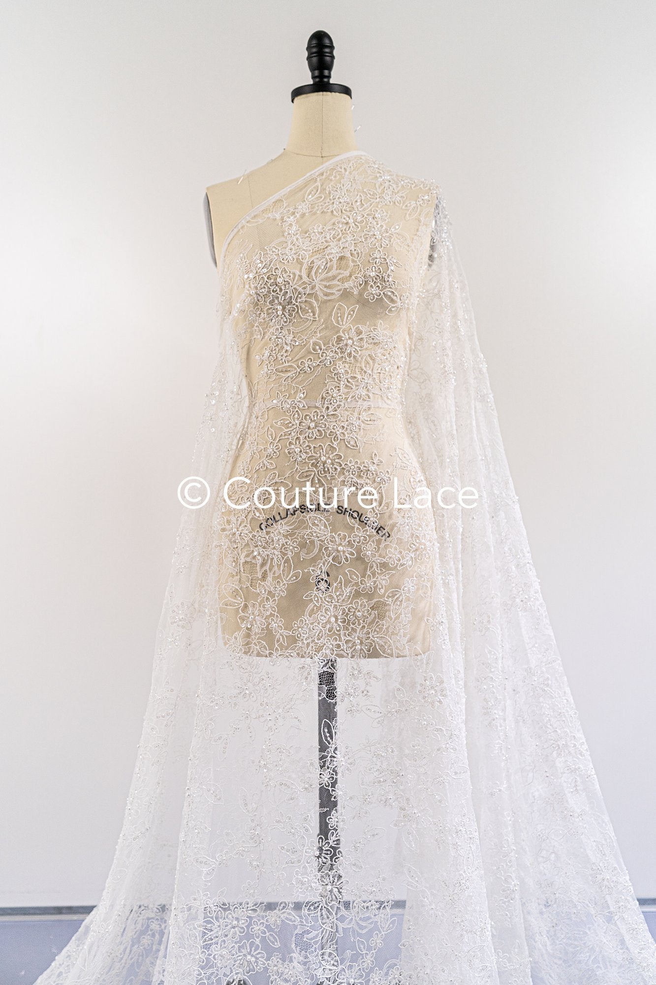 Pearl-embroidered bridal lace on fine French lace / High-quality pearl bridal lace // L26-006B