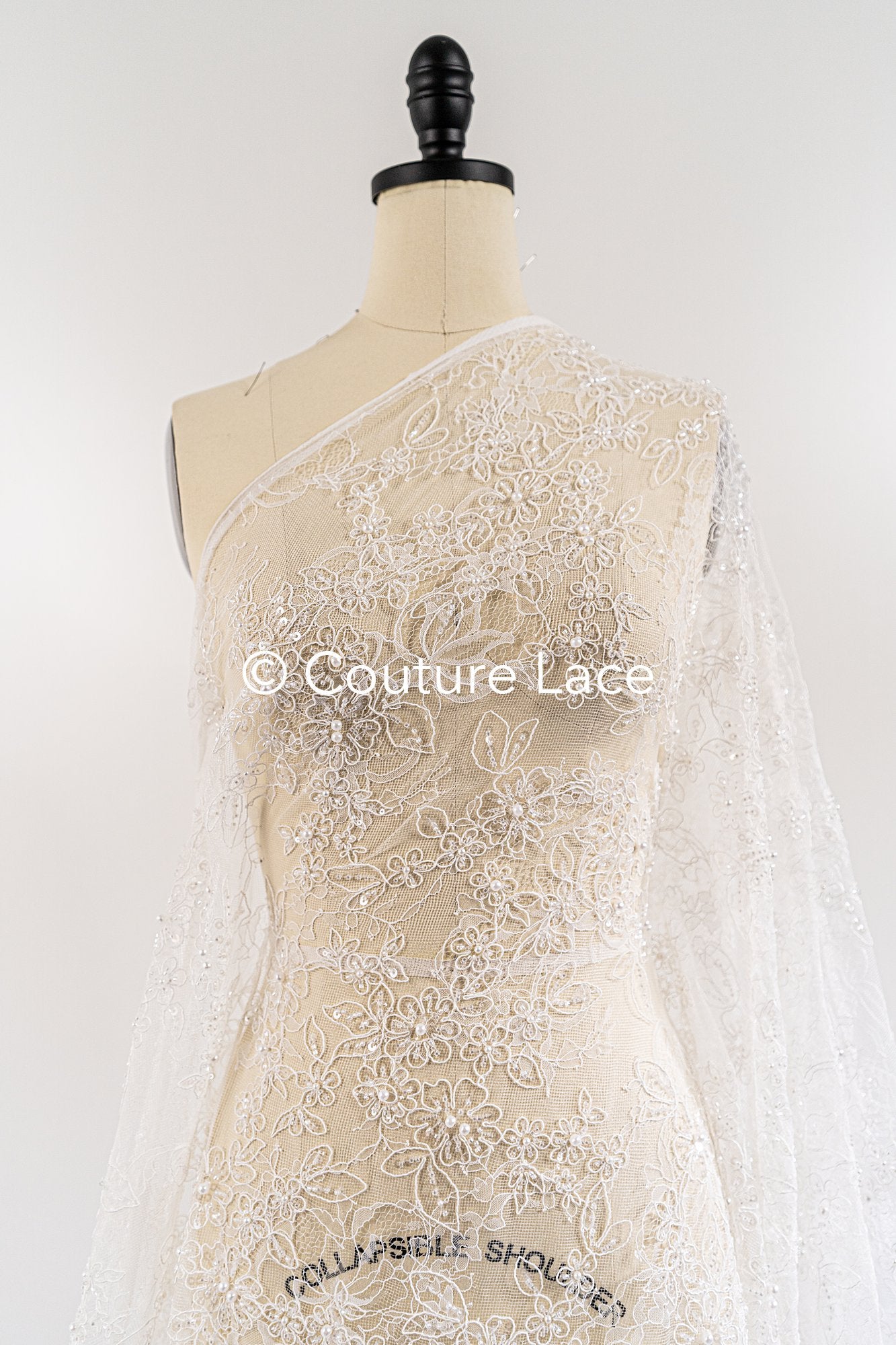 Pearl-embroidered bridal lace on fine French lace / High-quality pearl bridal lace // L26-006B