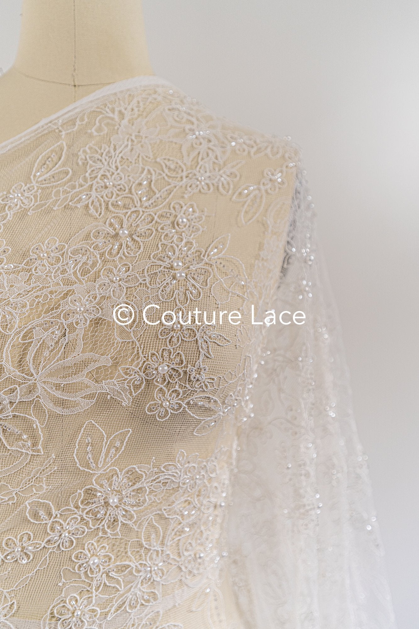 Pearl-embroidered bridal lace on fine French lace / High-quality pearl bridal lace // L26-006B