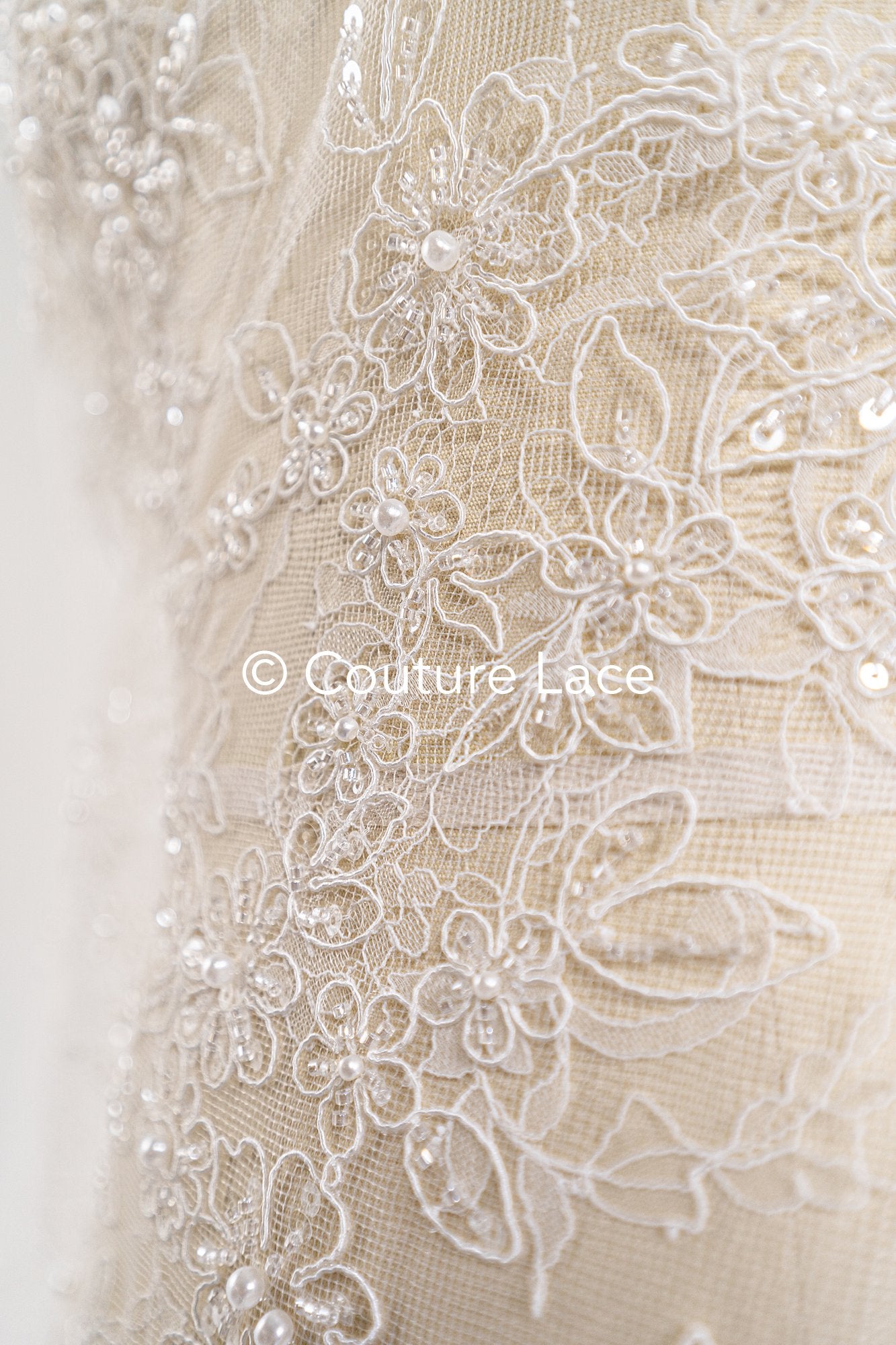 Pearl-embroidered bridal lace on fine French lace / High-quality pearl bridal lace // L26-006B
