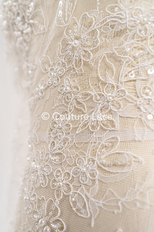 Pearl-embroidered bridal lace on fine French lace / High-quality pearl bridal lace // L26-006B