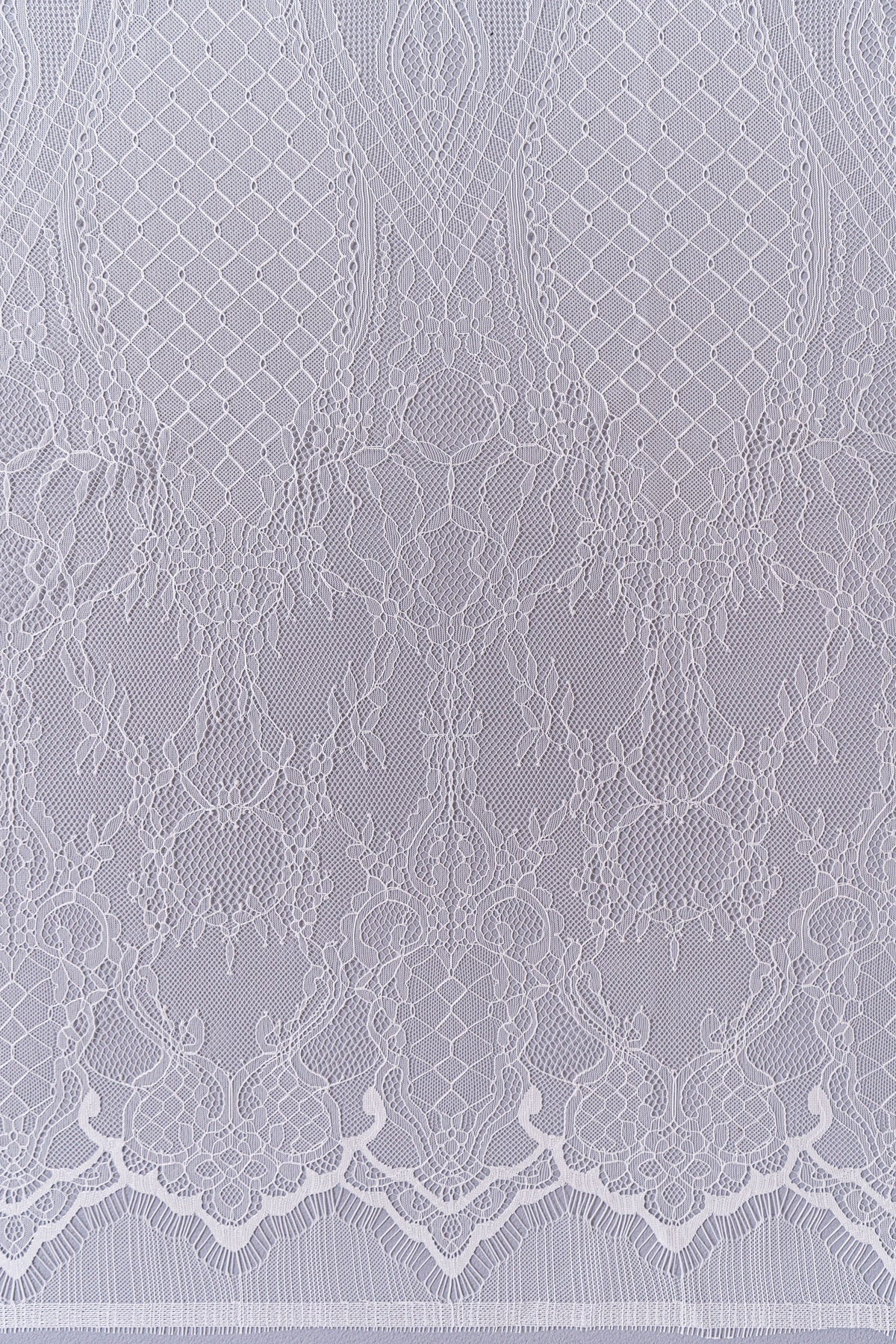 Detail des Ornamentmusters und der Bordüre bei Tüllspitze L26-034B in Off-White.