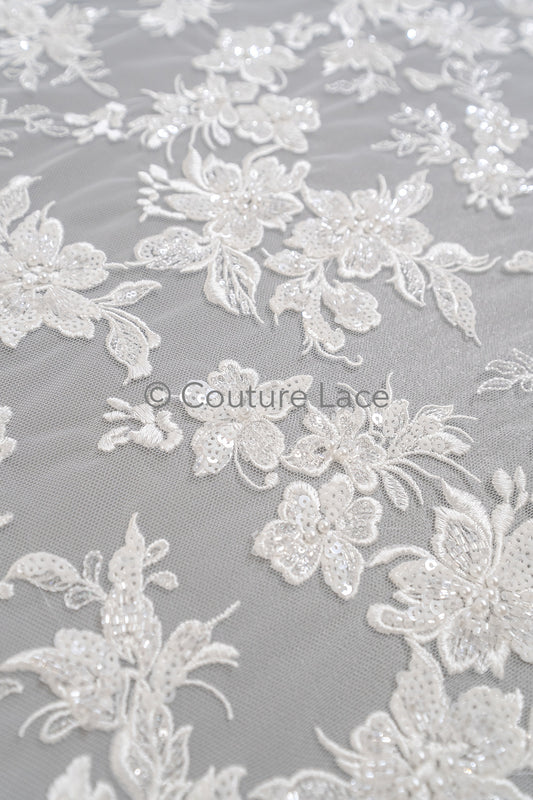 Perlen Spitzenstoff Off-White/ Couture Spitzenstoff/ Braut Spitzenstoff/ Perlen Spitze// L23-627