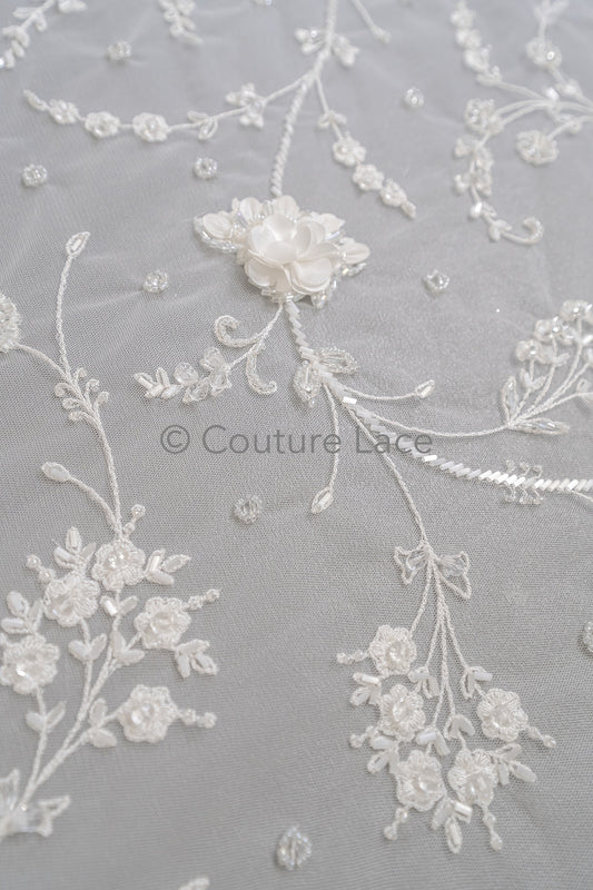 3D Blumen Spitzenstoff/ Braut Spitzenstoff Off-White/ romantischer 3D Blumen Spitzenstoff mit Perlen/ Hochzeit Spitzenstoff// L23-532