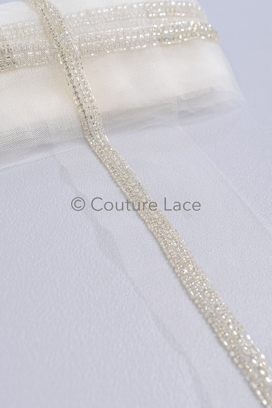 Brautspitze Borte mit Perlen & Kristallen Silber/ Spitzenborte mit Perlen/ Brautgürtel Borte/ Spitzenborte für Brautkleid// T24-092