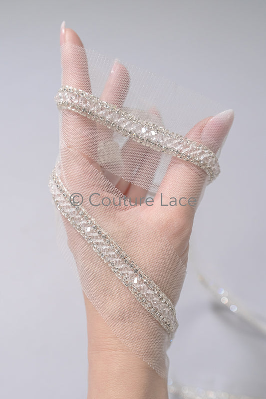 Brautspitze Borte mit Perlen & Kristallen Silber/ Spitzenborte mit Perlen/ Brautgürtel Borte/ Spitzenborte für Brautkleid// T24-094