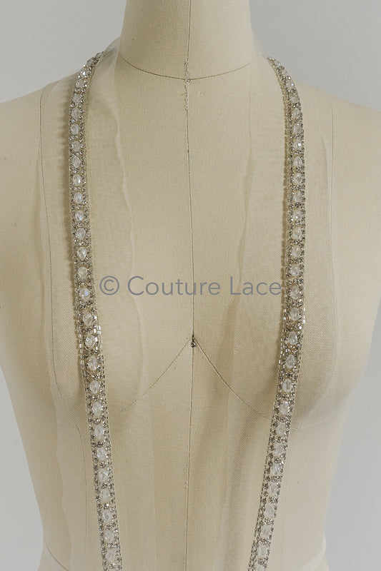 Brautspitze Borte mit Perlen & Kristallen Silber/ Spitzenborte mit Perlen/ Brautgürtel Borte/ Spitzenborte für Brautkleid// T24-096