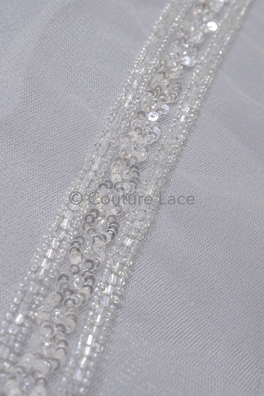 Brautspitze Borte mit Perlen & Pailletten Silber/ Spitzenborte mit Perlen/ Brautgürtel Borte/ Spitzenborte für Brautkleid// T24-098