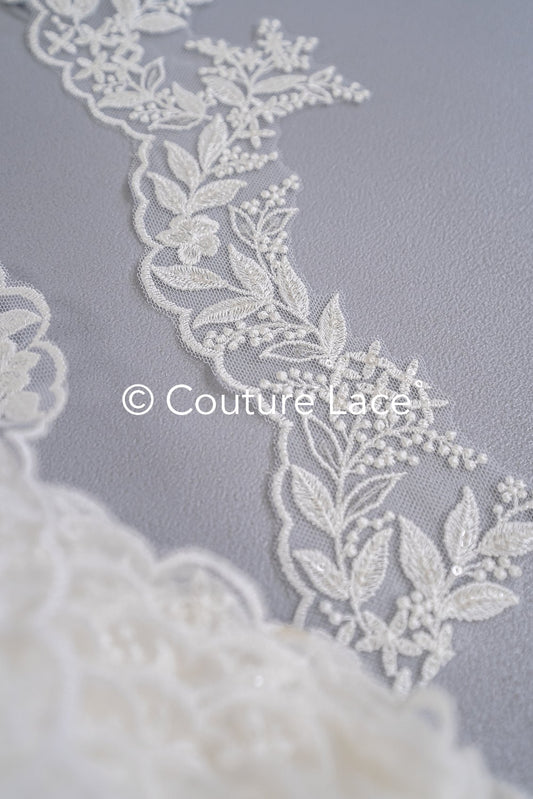 Fine bridal lace trim with floral pattern/ floral lace edge for wedding dresses // T25-237