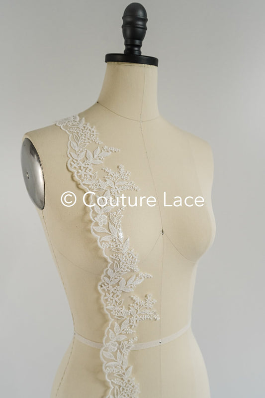 Fine bridal lace trim with floral pattern/ floral lace edge for wedding dresses // T25-237