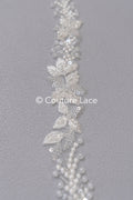 Heavily embroidered bridal lace trim with floral pattern/ Floral lace edge with pearls // T25-238
