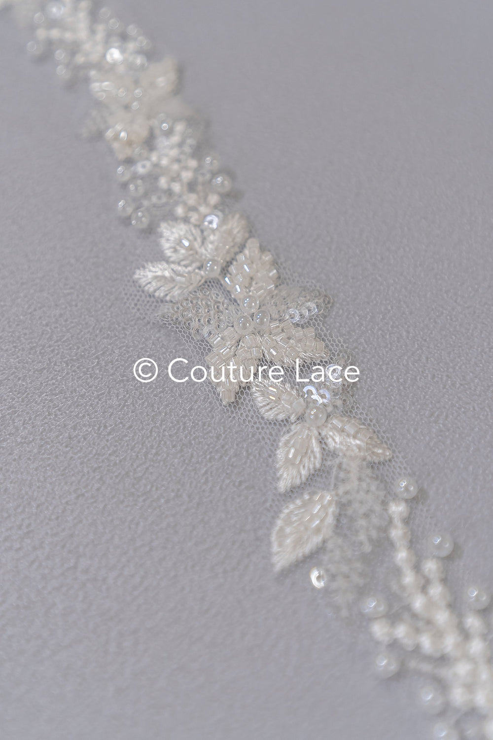 Heavily embroidered bridal lace trim with floral pattern/ Floral lace edge with pearls // T25-238