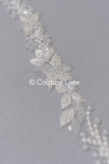 Heavily embroidered bridal lace trim with floral pattern/ Floral lace edge with pearls // T25-238