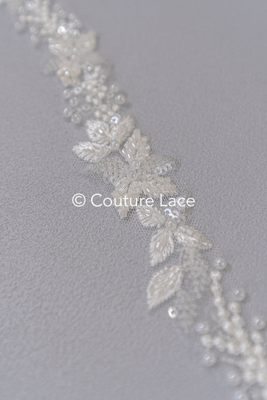 Heavily embroidered bridal lace trim with floral pattern/ Floral lace edge with pearls // T25-238