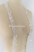 Heavily embroidered bridal lace trim with floral pattern/ Floral lace edge with pearls // T25-238
