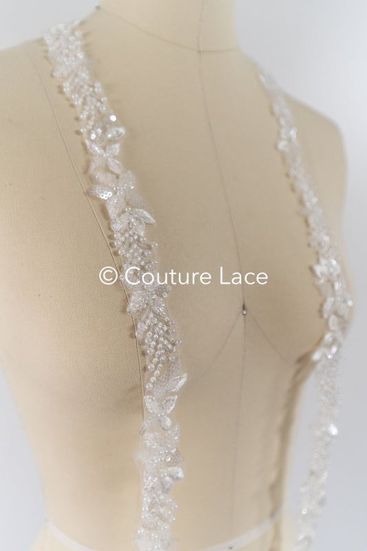 Heavily embroidered bridal lace trim with floral pattern/ Floral lace edge with pearls // T25-238