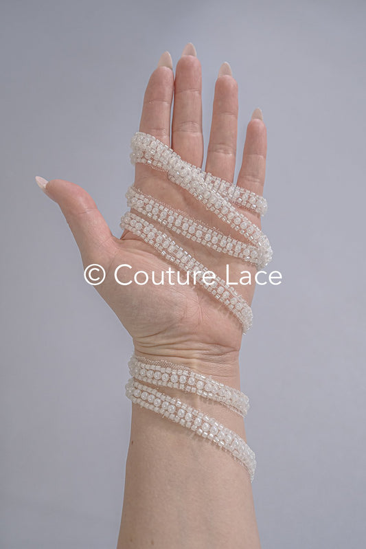 Heavy embroidered bridal lace trim / beaded lace edge for straps or bridal belt // T25-239