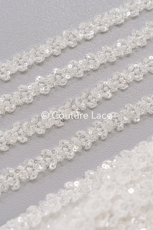 Heavy embroidered bridal lace trim / beaded lace edge for straps or bridal belt // T25-241