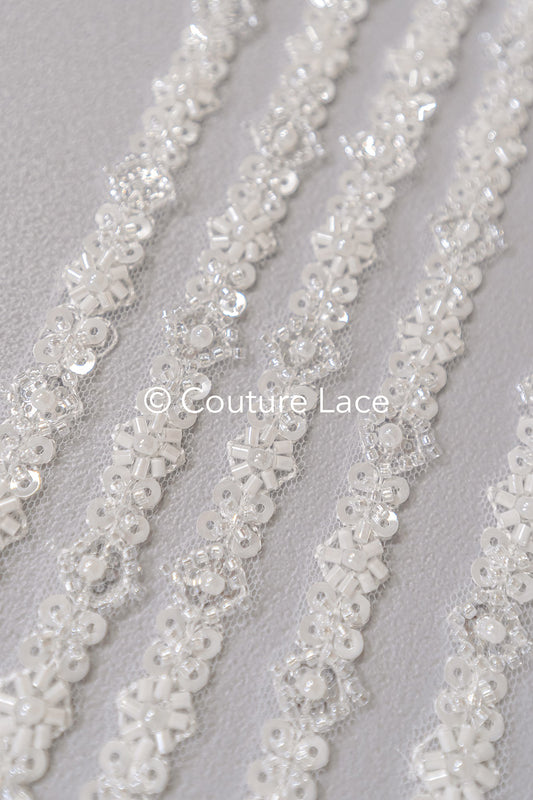 Heavy embroidered bridal lace trim / beaded lace edge for straps or bridal belt // T25-242