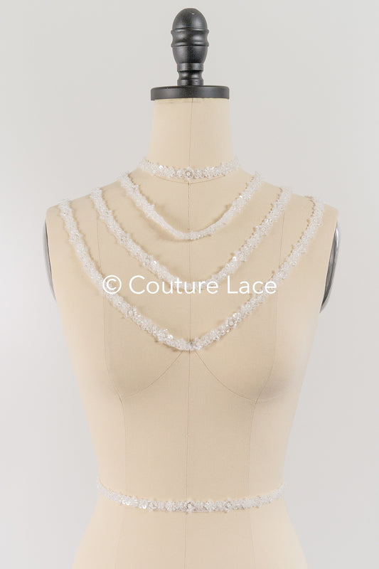 Heavy embroidered bridal lace trim / beaded lace edge for straps or bridal belt // T25-242