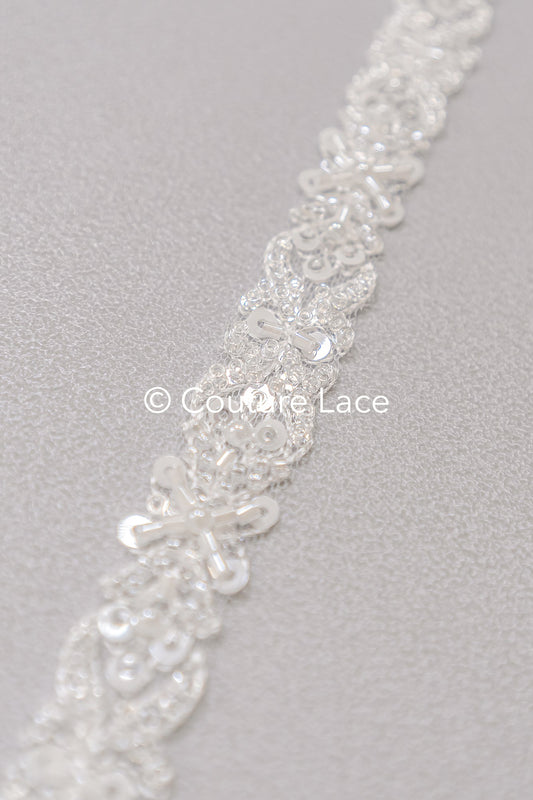 Heavy embroidered bridal lace trim / beaded lace edge for straps or bridal belt // T25-243