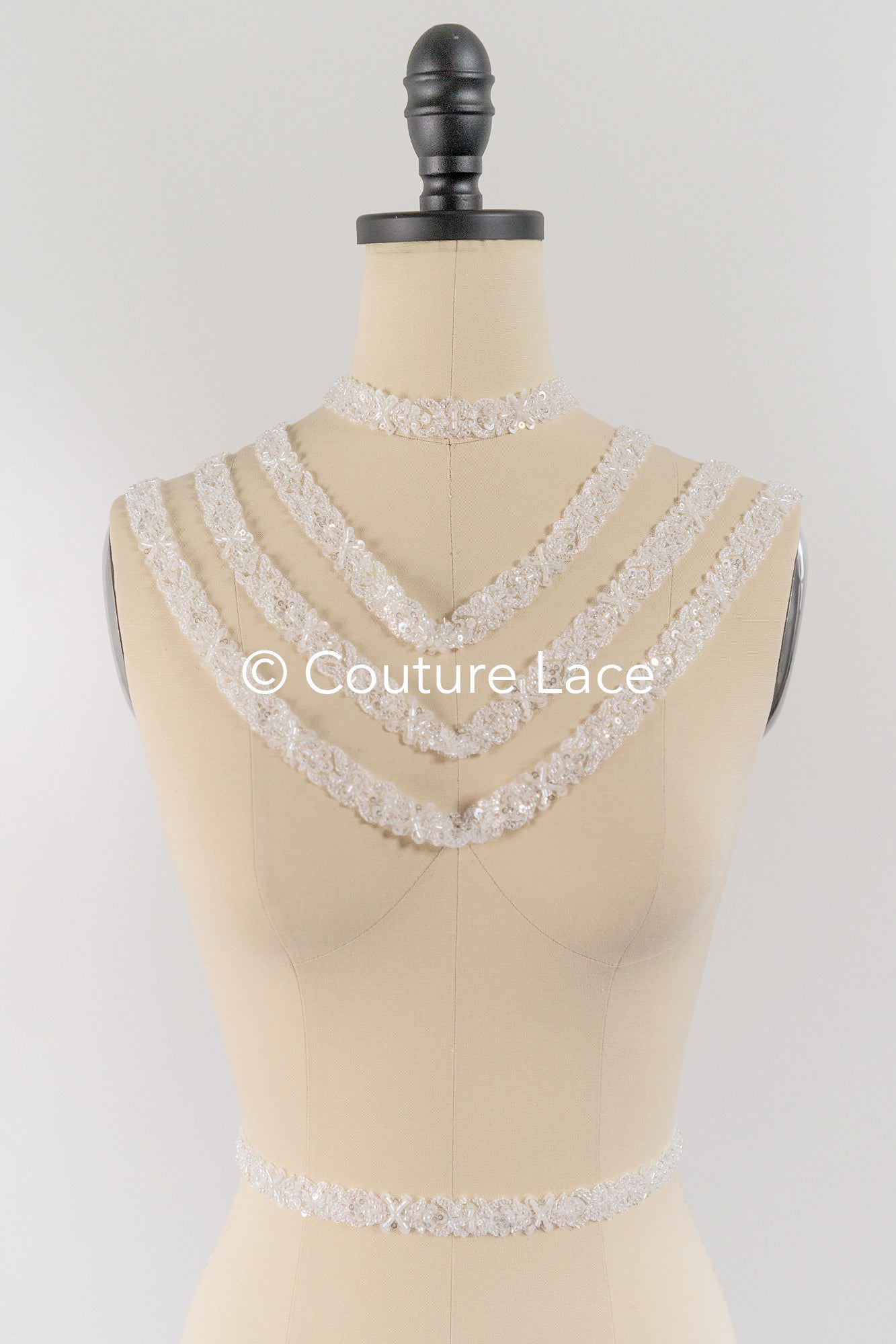 Heavy embroidered bridal lace trim / beaded lace edge for straps or bridal belt // T25-243