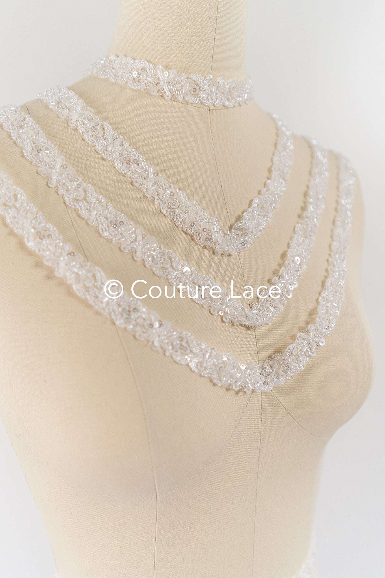 Heavy embroidered bridal lace trim / beaded lace edge for straps or bridal belt // T25-243