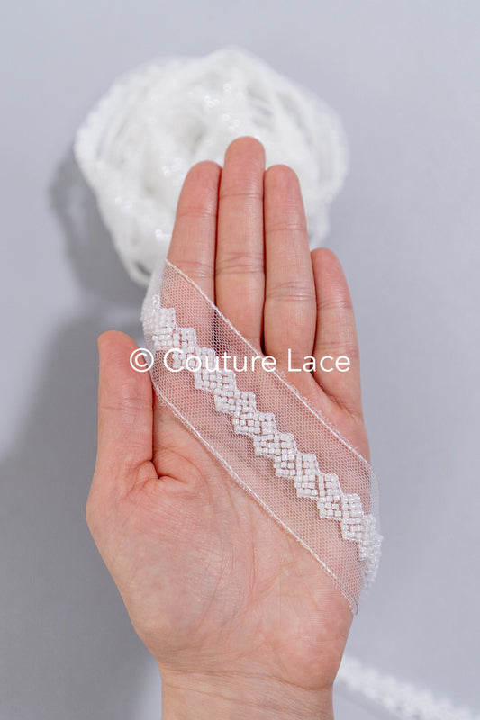 Heavy embroidered bridal lace trim / beaded lace edge for straps or bridal belt // T25-258