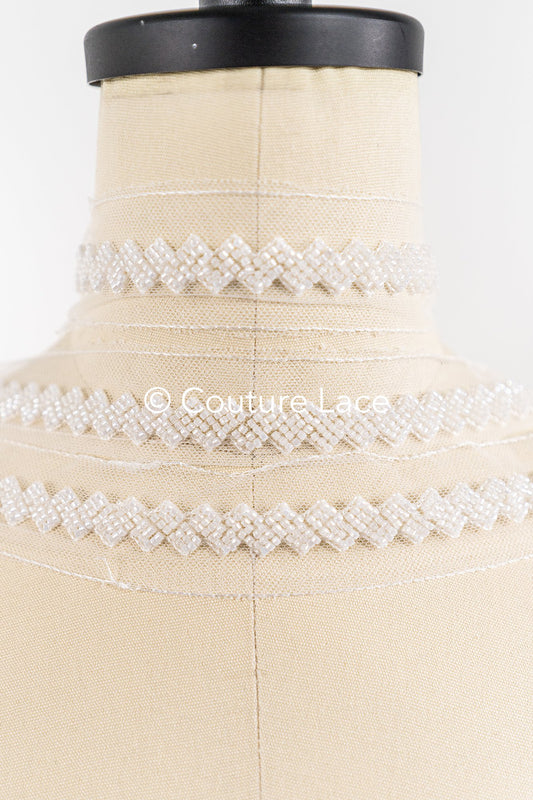 Heavy embroidered bridal lace trim / beaded lace edge for straps or bridal belt // T25-258