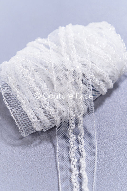 Heavy embroidered bridal lace trim / beaded lace edge for straps or bridal belt // T25-260