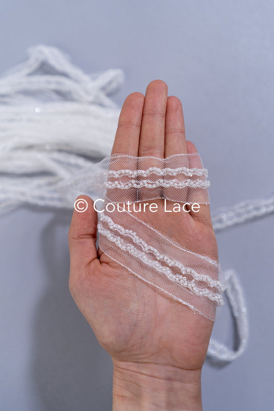 Heavy embroidered bridal lace trim / beaded lace edge for straps or bridal belt // T25-260