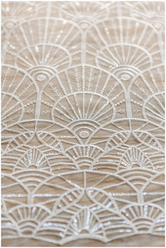 1,5 yds weiche geometrische Pailletten Spitze/ Braut Spitzenstoff Off-White/ Pailletten Spitzenstoff// L17-048