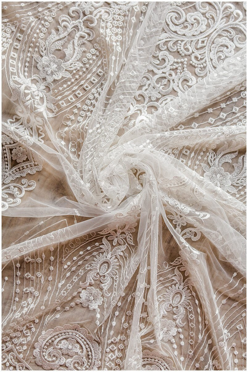 Soft embroidered lace fabric, flower wedding lace, sequin lace fabric, bridal lace fabric, couture lace, wedding dress lace// L17-036