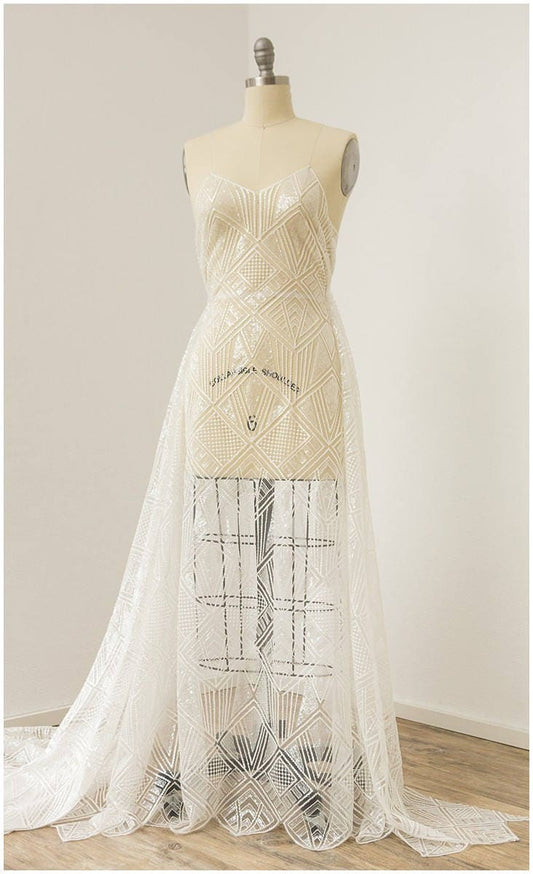 Geometric Sequins Lace/Wedding Dress Lace Off-White/Sequin Tulle Fabric/Fabric with Glitter Sequins// L17-062