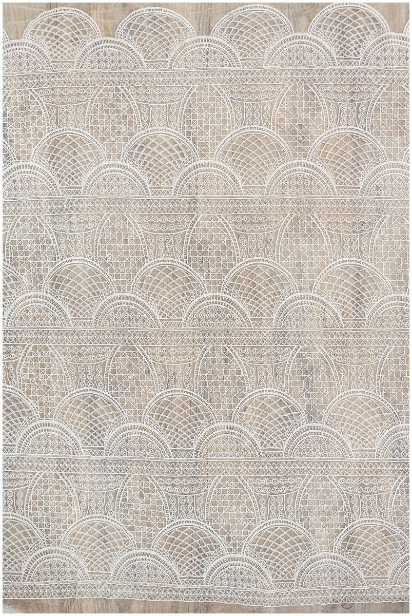 Schwerer Perlen Spitzenstoff für Brautkleider/ Französische Perlenspitze Off-White/ geometrischer Spitzenstoff/ Braut Perlenspitze// L17-079