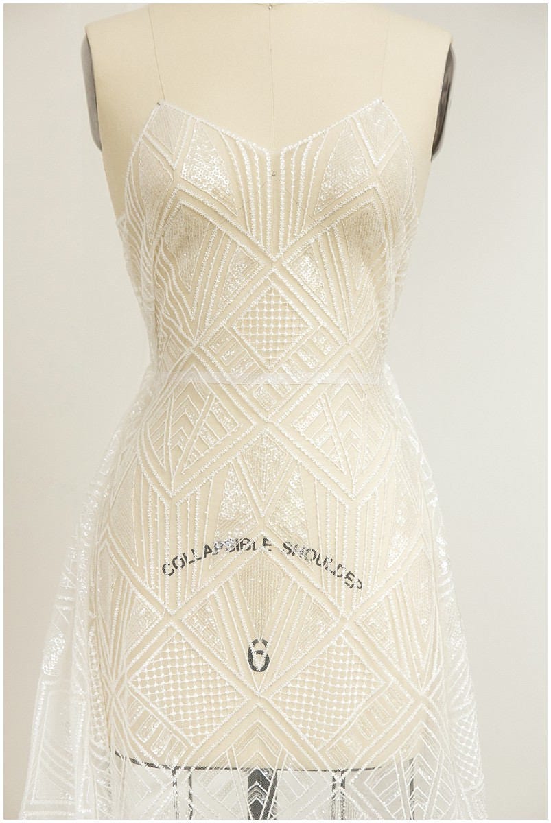 Geometric Sequins Lace/Wedding Dress Lace Off-White/Sequin Tulle Fabric/Fabric with Glitter Sequins// L17-062