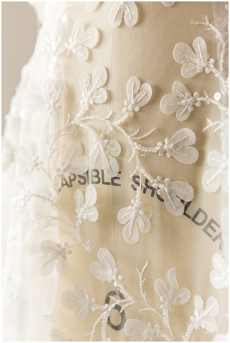 Romantic pearl 3D leaf floral lace, bridal 3D lace fabric, wedding dress lace fabric, pearl floral lace, bridal lace dress// L17-111