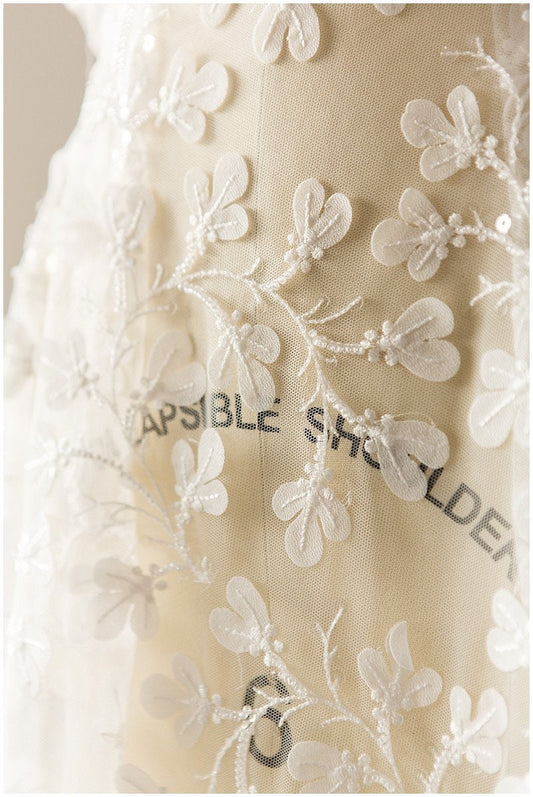 Romantic pearl 3D leaf floral lace, bridal 3D lace fabric, wedding dress lace fabric, pearl floral lace, bridal lace dress// L17-111