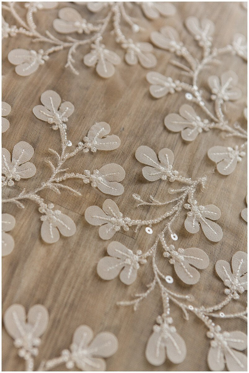 Romantic pearl 3D leaf floral lace, bridal 3D lace fabric, wedding dress lace fabric, pearl floral lace, bridal lace dress// L17-111