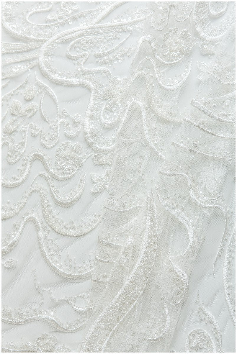 Heavy beaded flower lace fabric, bridal lace fabric, wedding dress lace fabric, floral lace, bridal lace dress, wave lace// L17-110