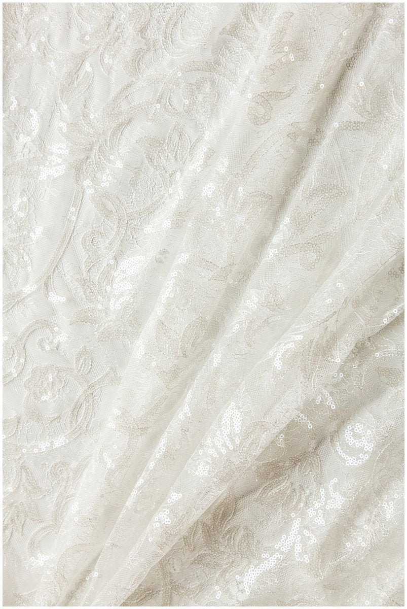 Glitter lace fabric with sequins/ Chantilly base bridal lace fabric/ Off-White lace/ French lace fabric// L17-115