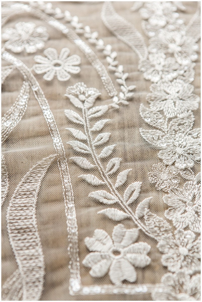 Geometric floral lace off-white/ sequin embroidered floral lace/ bridal dress lace/ soft embroidered lace fabric// L17-097