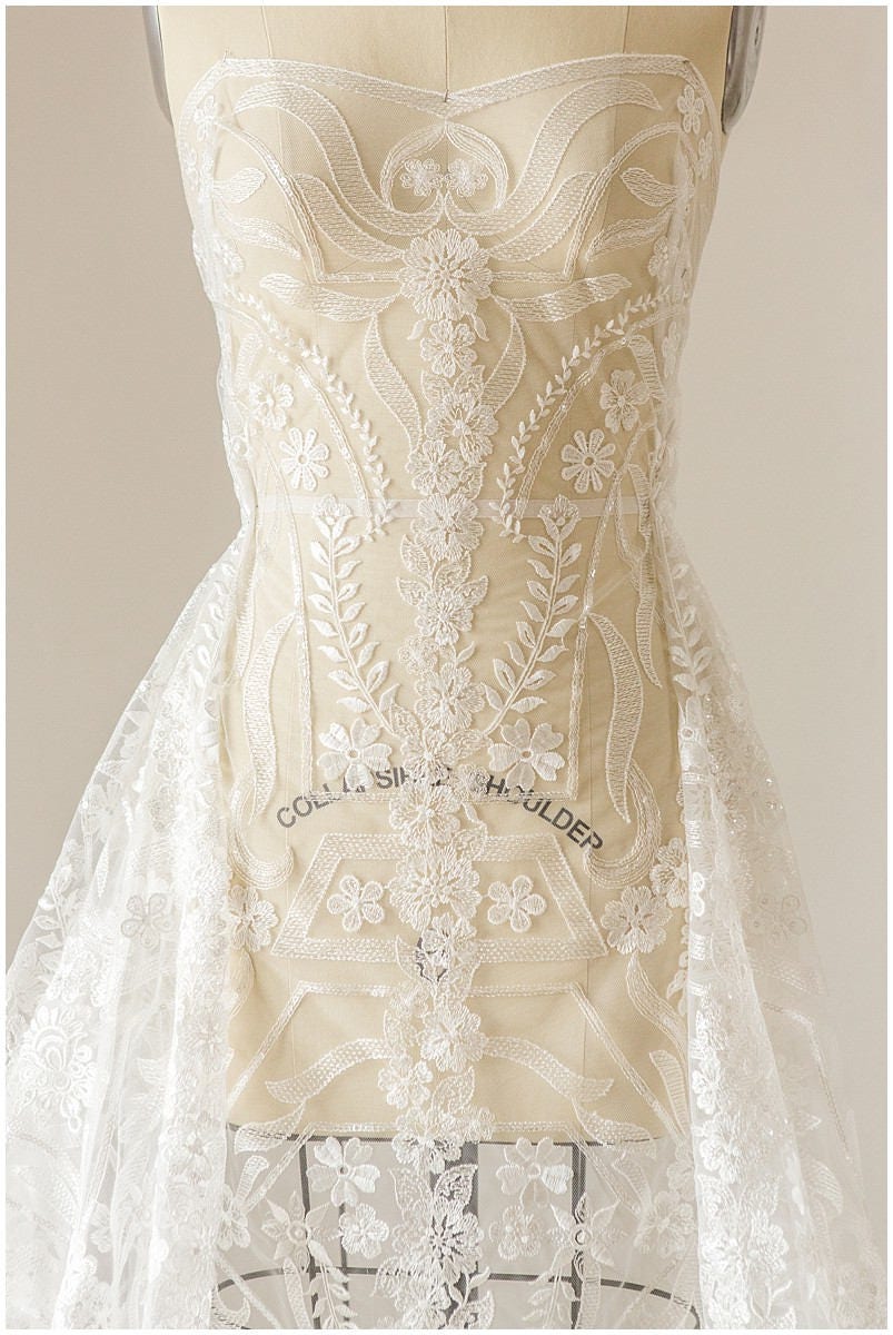 Geometric floral lace off-white/ sequin embroidered floral lace/ bridal dress lace/ soft embroidered lace fabric// L17-097
