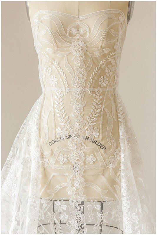 Geometric floral lace off-white/ sequin embroidered floral lace/ bridal dress lace/ soft embroidered lace fabric// L17-097