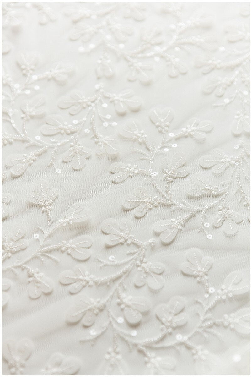 Romantic pearl 3D leaf floral lace, bridal 3D lace fabric, wedding dress lace fabric, pearl floral lace, bridal lace dress// L17-111