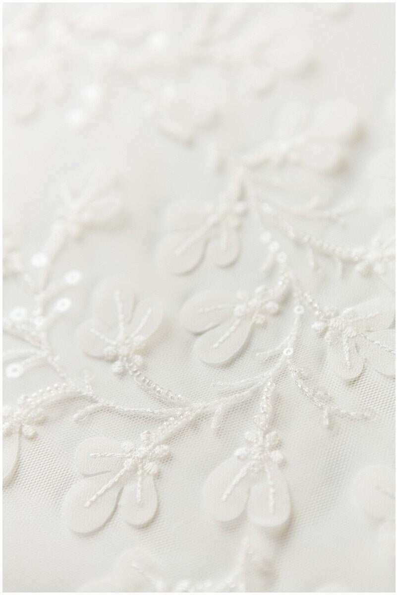 Romantic pearl 3D leaf floral lace, bridal 3D lace fabric, wedding dress lace fabric, pearl floral lace, bridal lace dress// L17-111