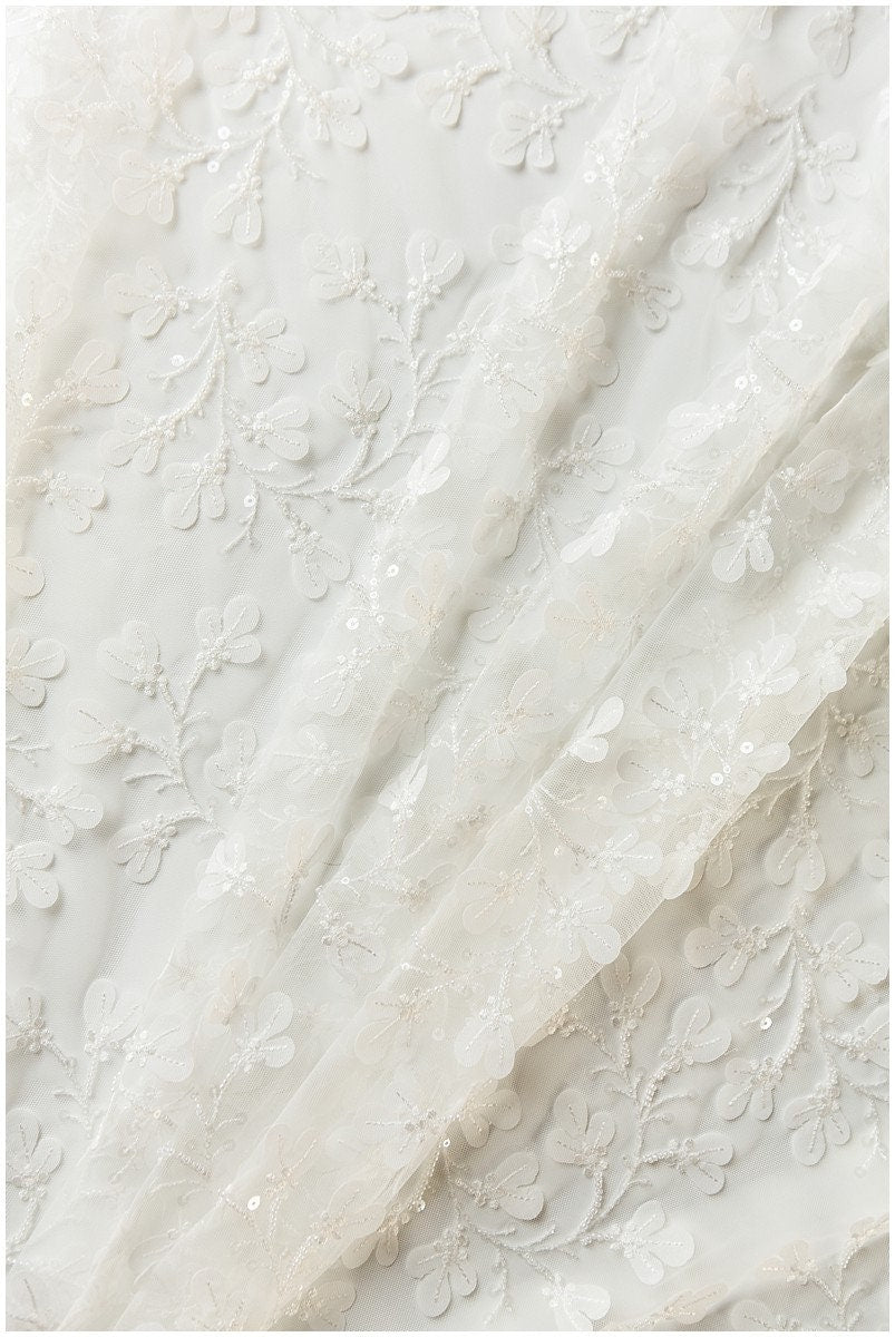Romantic pearl 3D leaf floral lace, bridal 3D lace fabric, wedding dress lace fabric, pearl floral lace, bridal lace dress// L17-111
