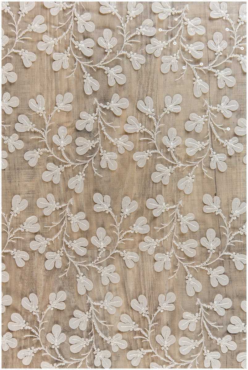 Romantic pearl 3D leaf floral lace, bridal 3D lace fabric, wedding dress lace fabric, pearl floral lace, bridal lace dress// L17-111