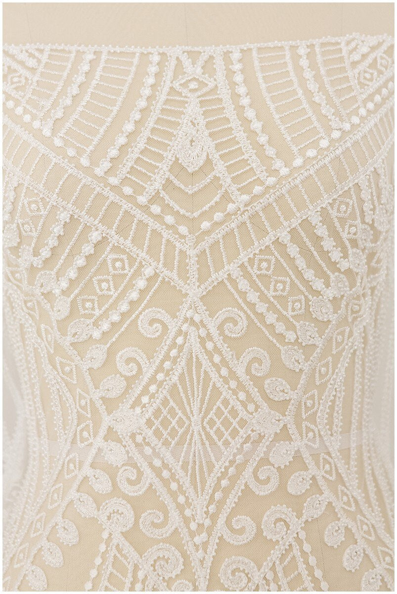 Geometric lace fabric, bridal lace fabric, wedding dress lace fabric, beaded boho lace, bridal lace dress, wave lace// L17-104